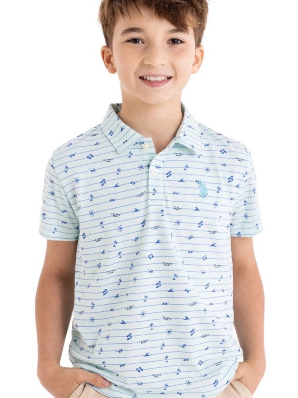 U.S. Polo Assn. Light Blue Striped Polo with Navy Nautical Motifs